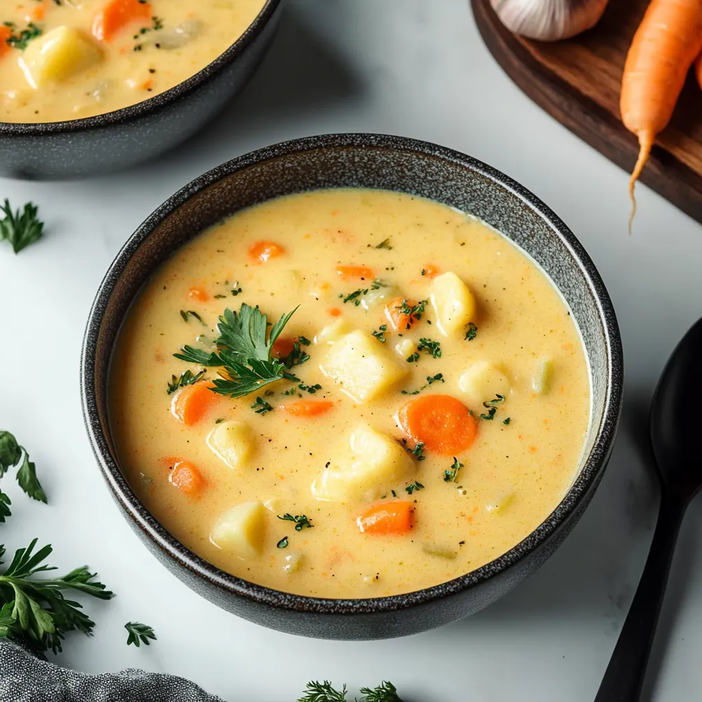 A bowl of soup with carrots and potatoes.