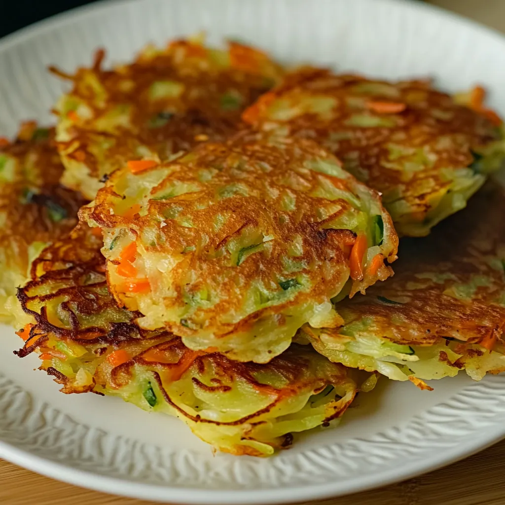A plate of golden vegetable fritters on white plate.