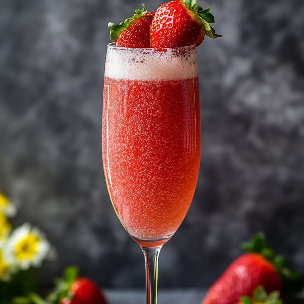 A fancy drink topped with fresh strawberries.