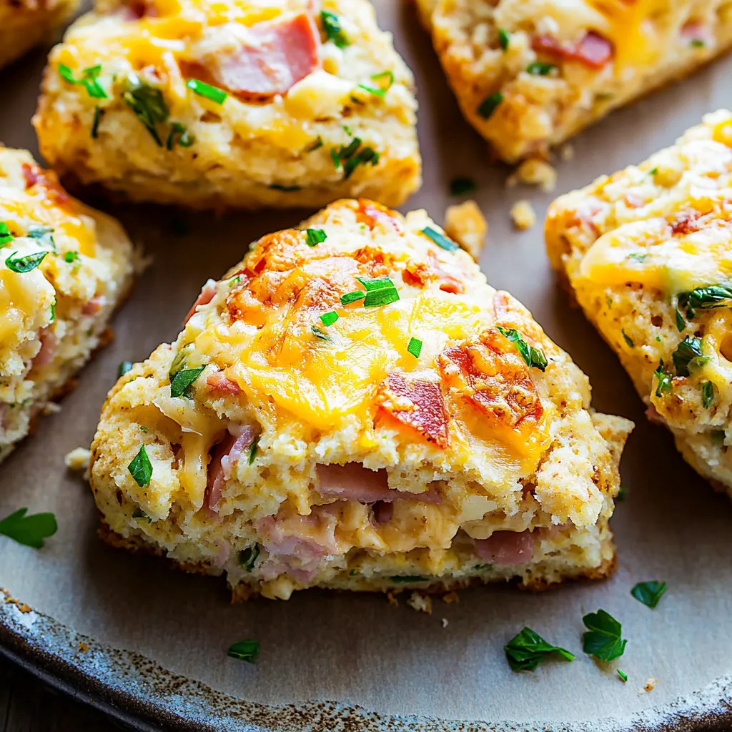 A plate of baked goods filled with ham and cheese.