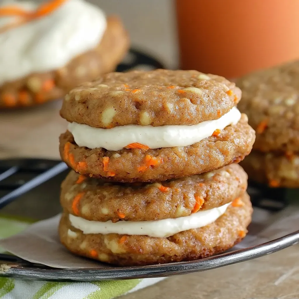 Cookies stacked on a plate with layers of frosting and hints of grated carrots.