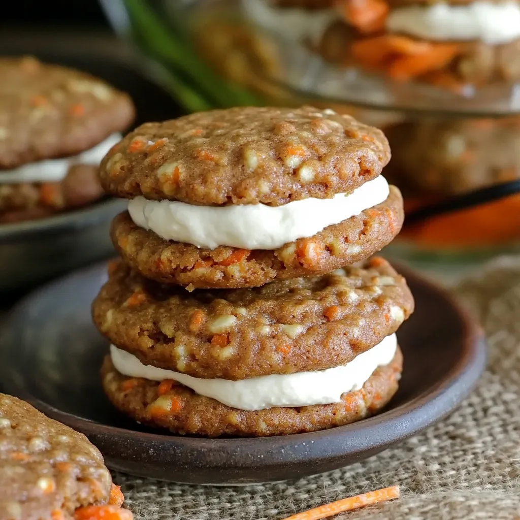 A pile of cookies showing white filling and bright orange carrots.