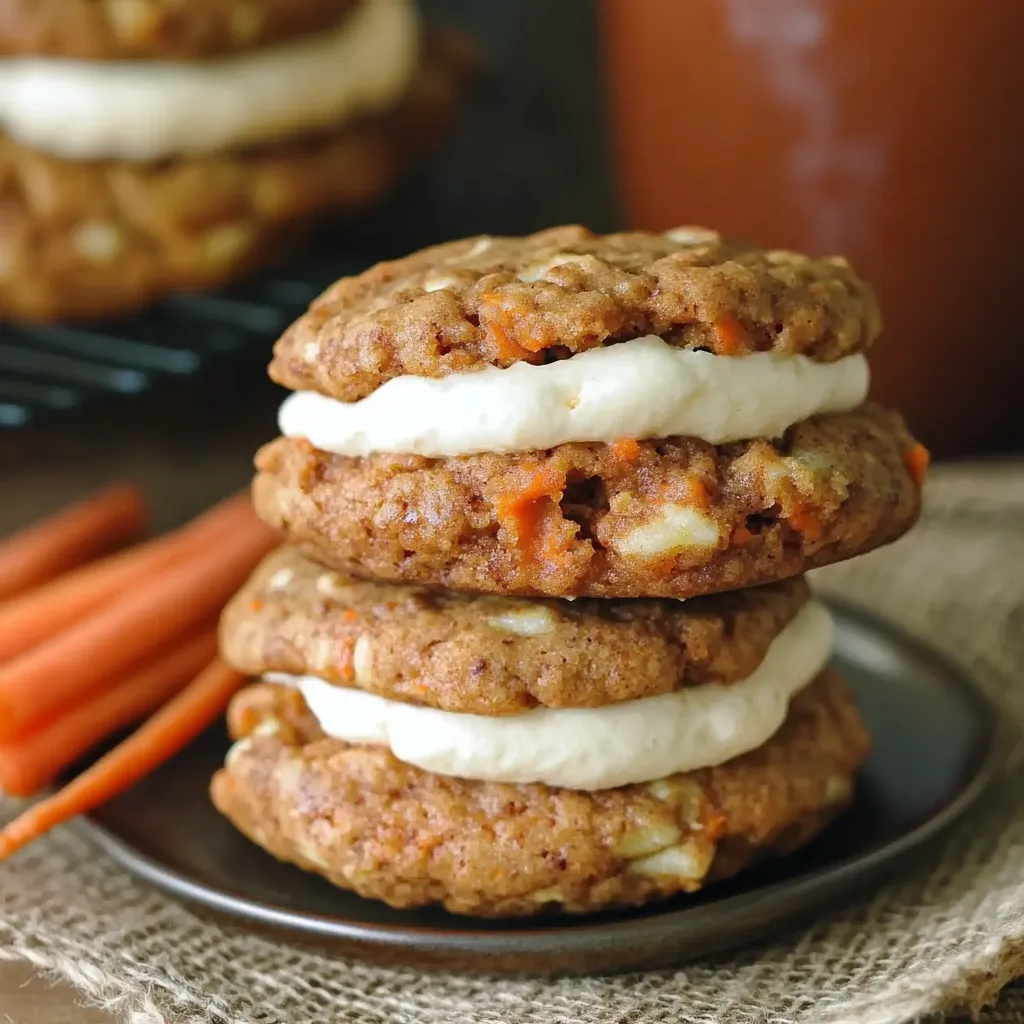 Cookies stacked together showing cream filling and carrot bits.