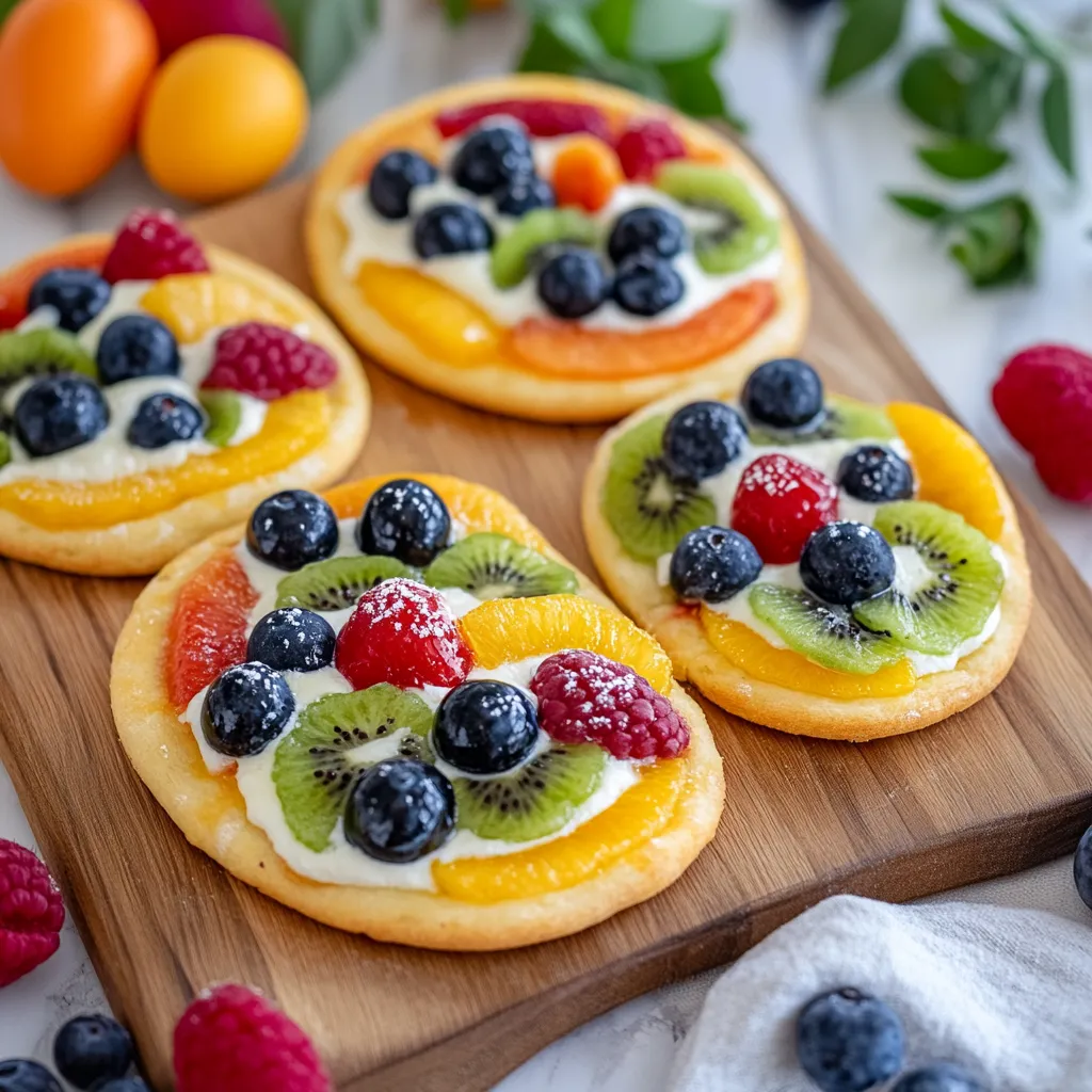 Fruit and cream filled pastries on a wooden board.