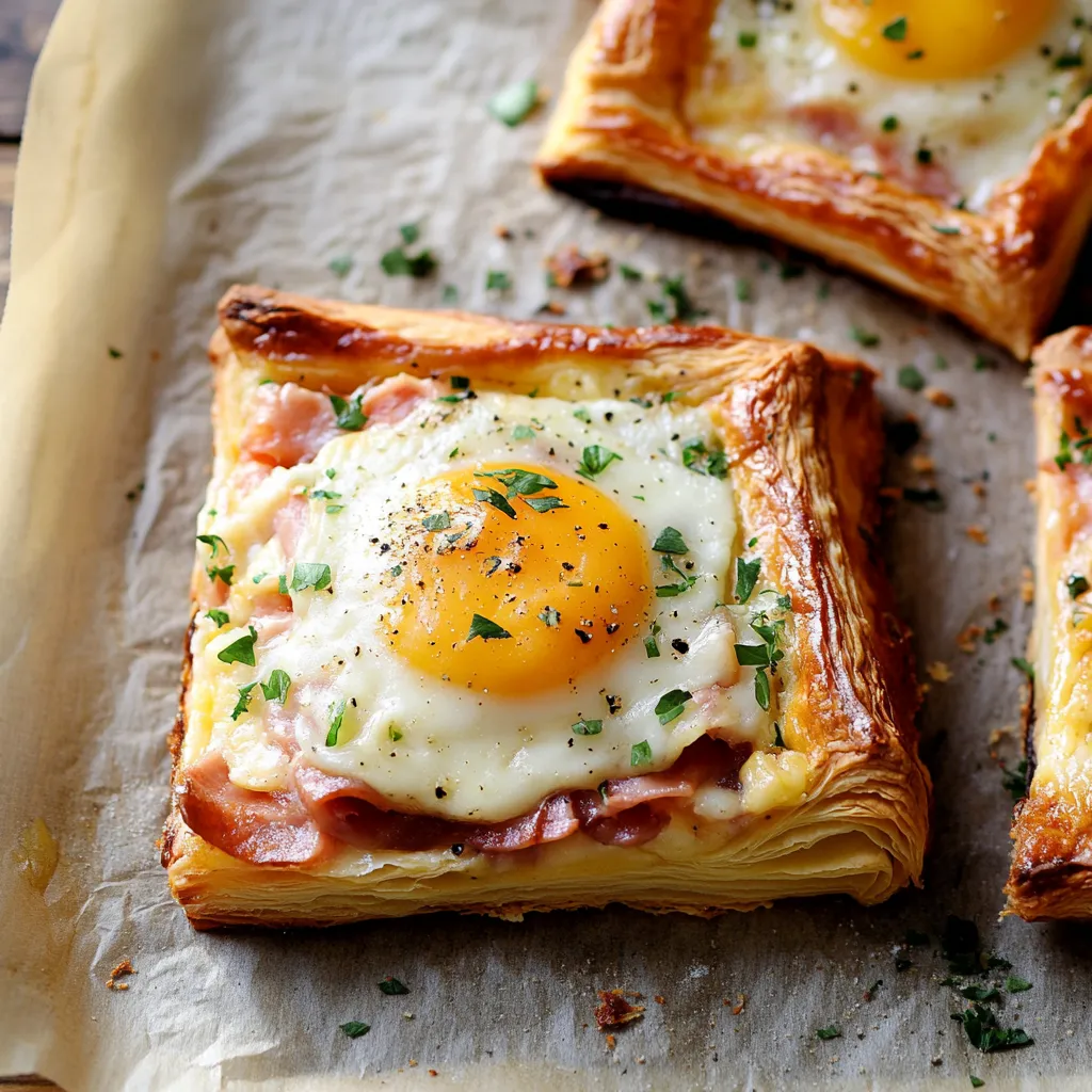 Two flaky tarts with ham and eggs.