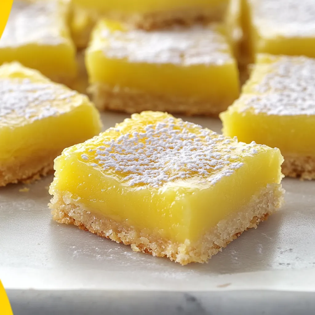 Close-up view of a yellow dessert sprinkled with white powder.