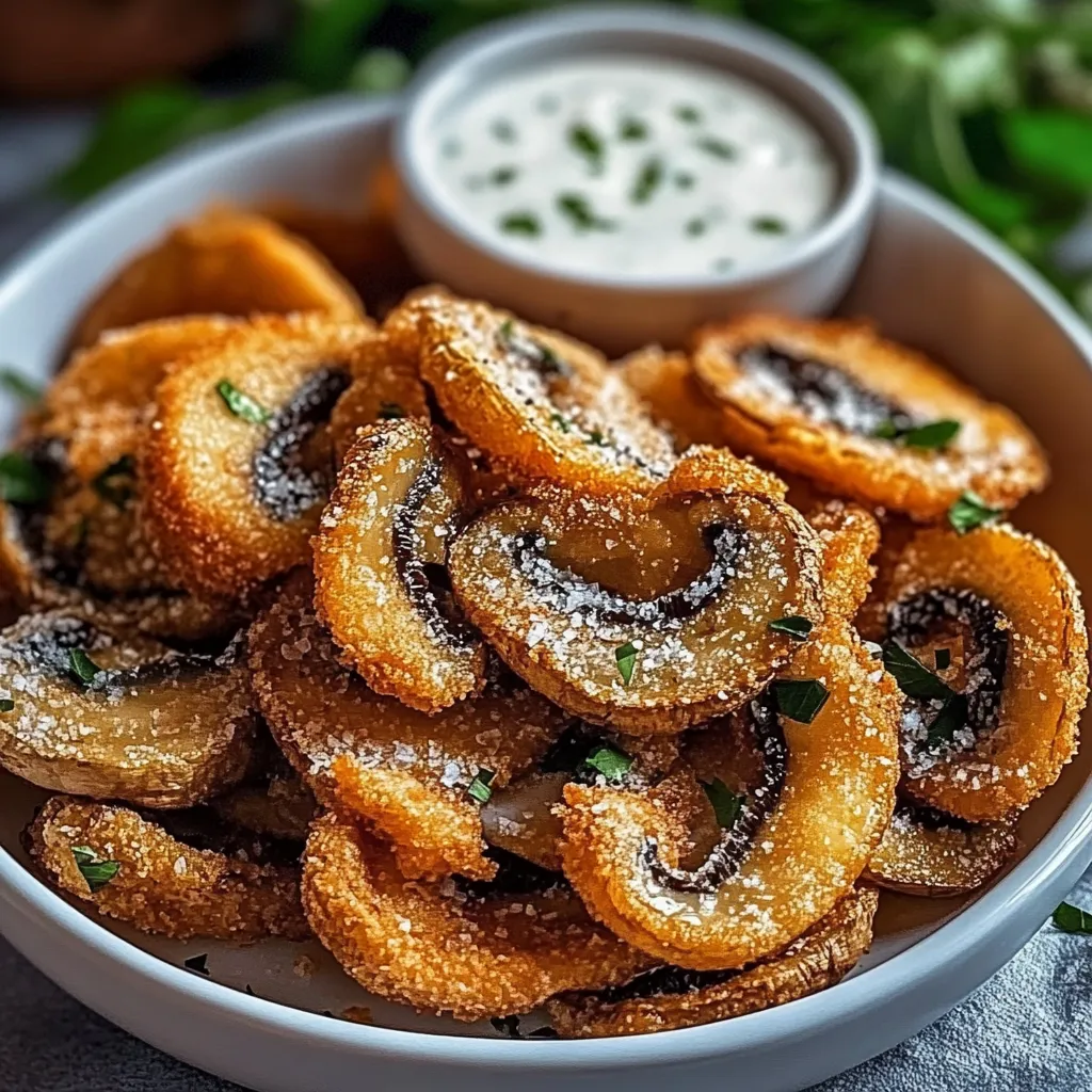Golden fried mushrooms with creamy dip in a bowl.