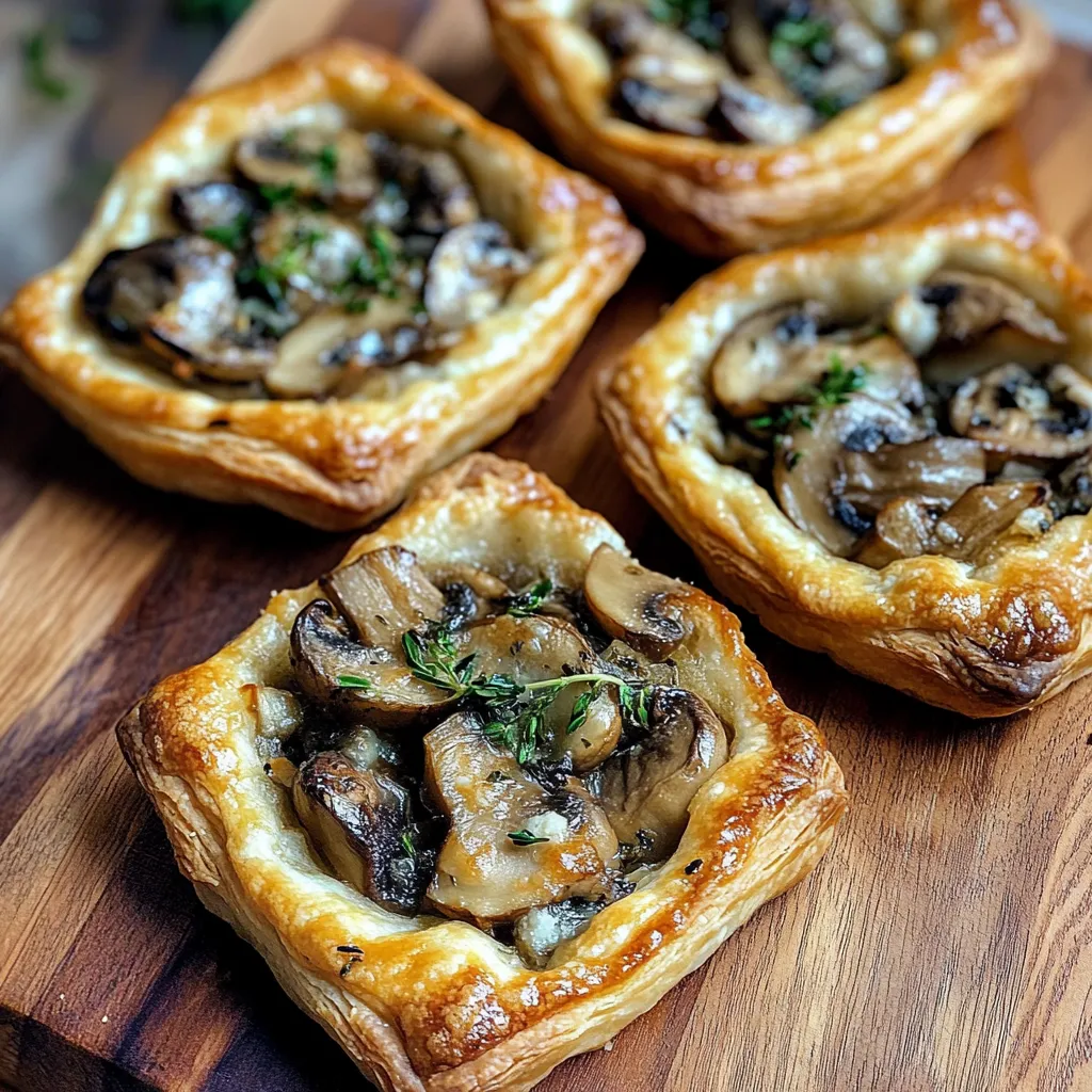 Four mushroom-filled pastries on a rustic wooden table.