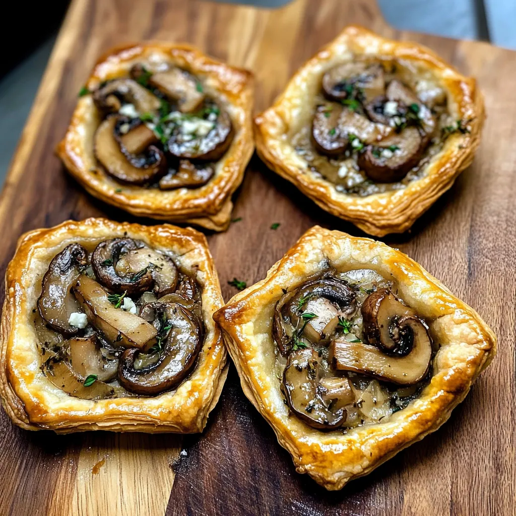 Four mushroom pies on a wooden cutting board.