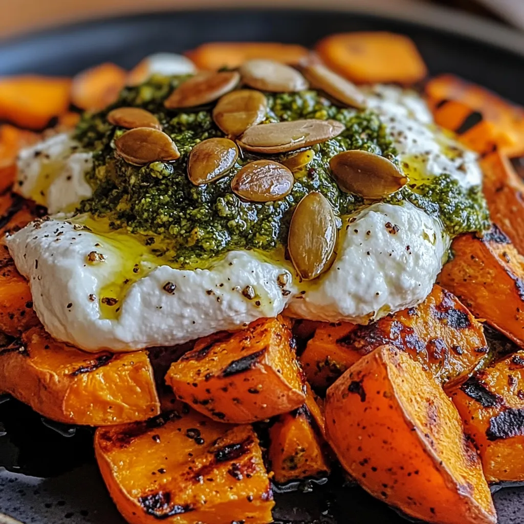 A dish of grilled sweet potato with pesto and creamy burrata.
