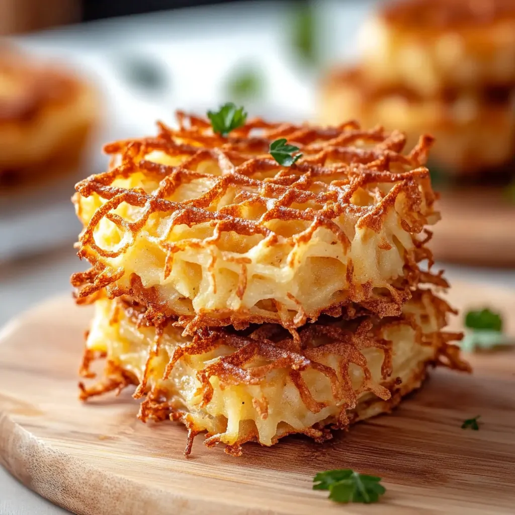 Three golden waffles stacked with greens on top.