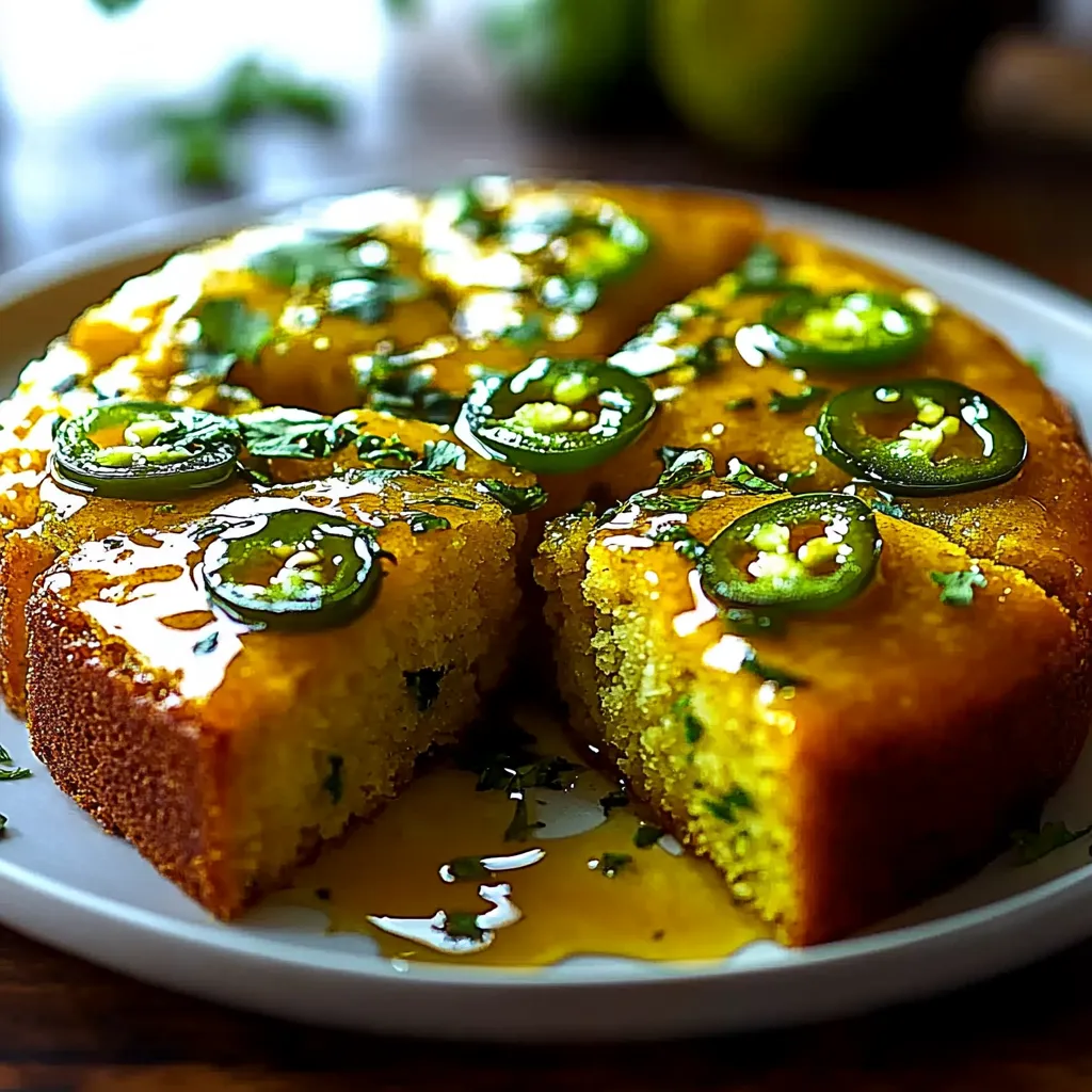 A slice of cake with jalapeños on top.