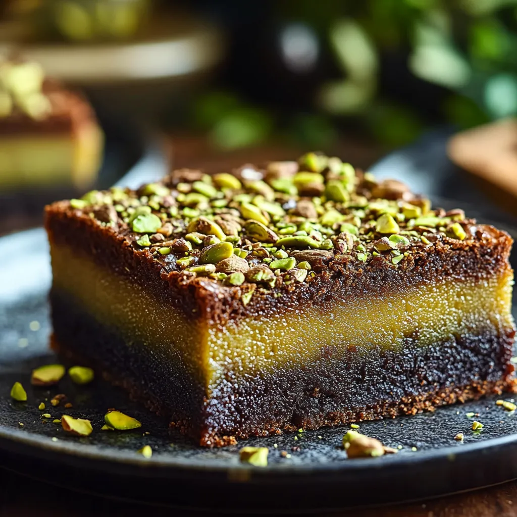 A chocolate dessert slice topped with pistachios.