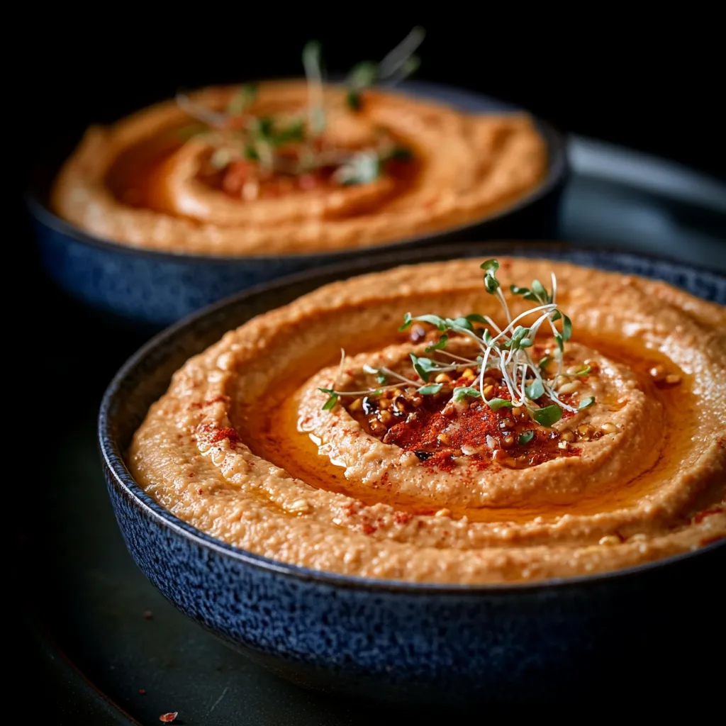 Two serving bowls of hummus with sprouts on top.
