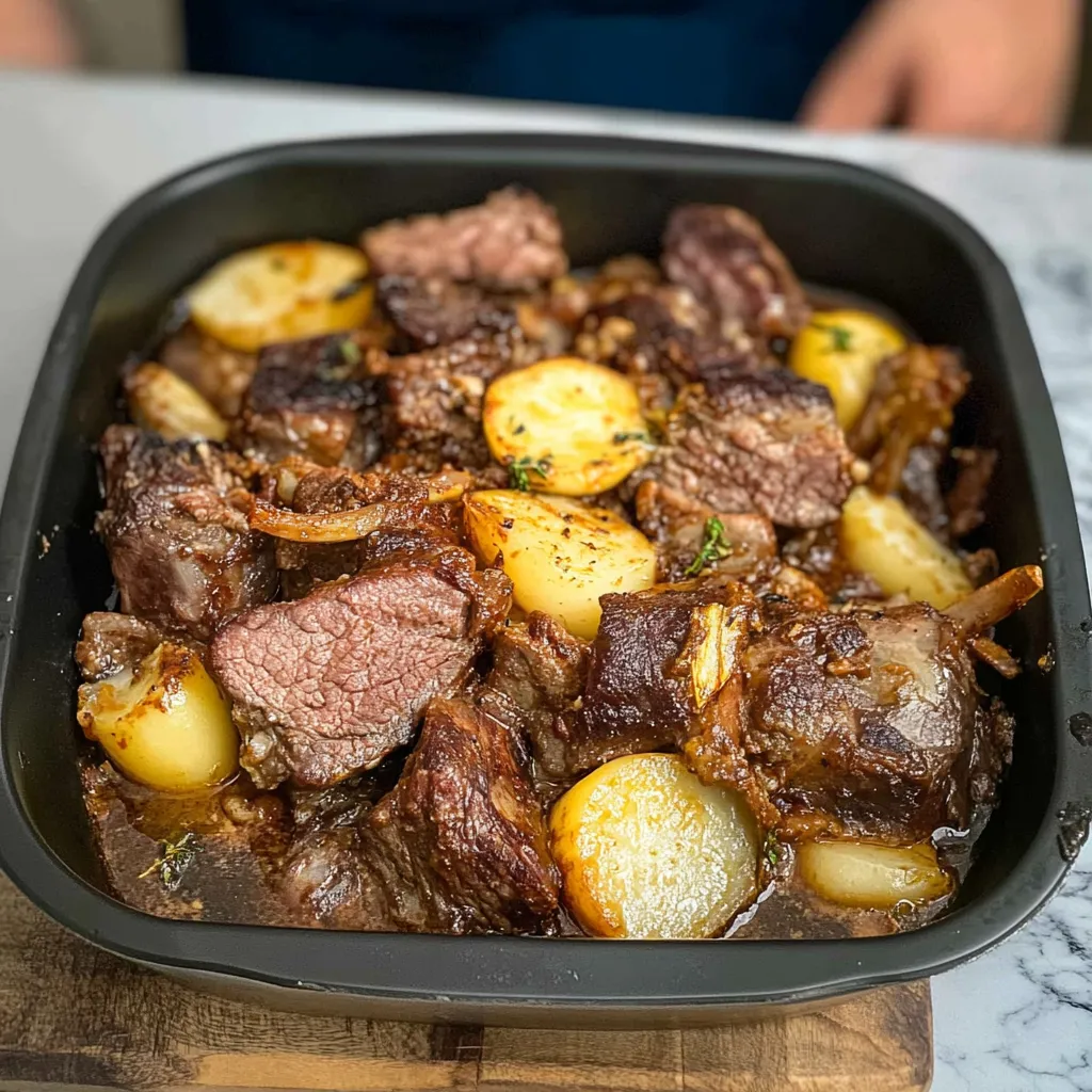 A dark dish filled with tender meat and soft potatoes.
