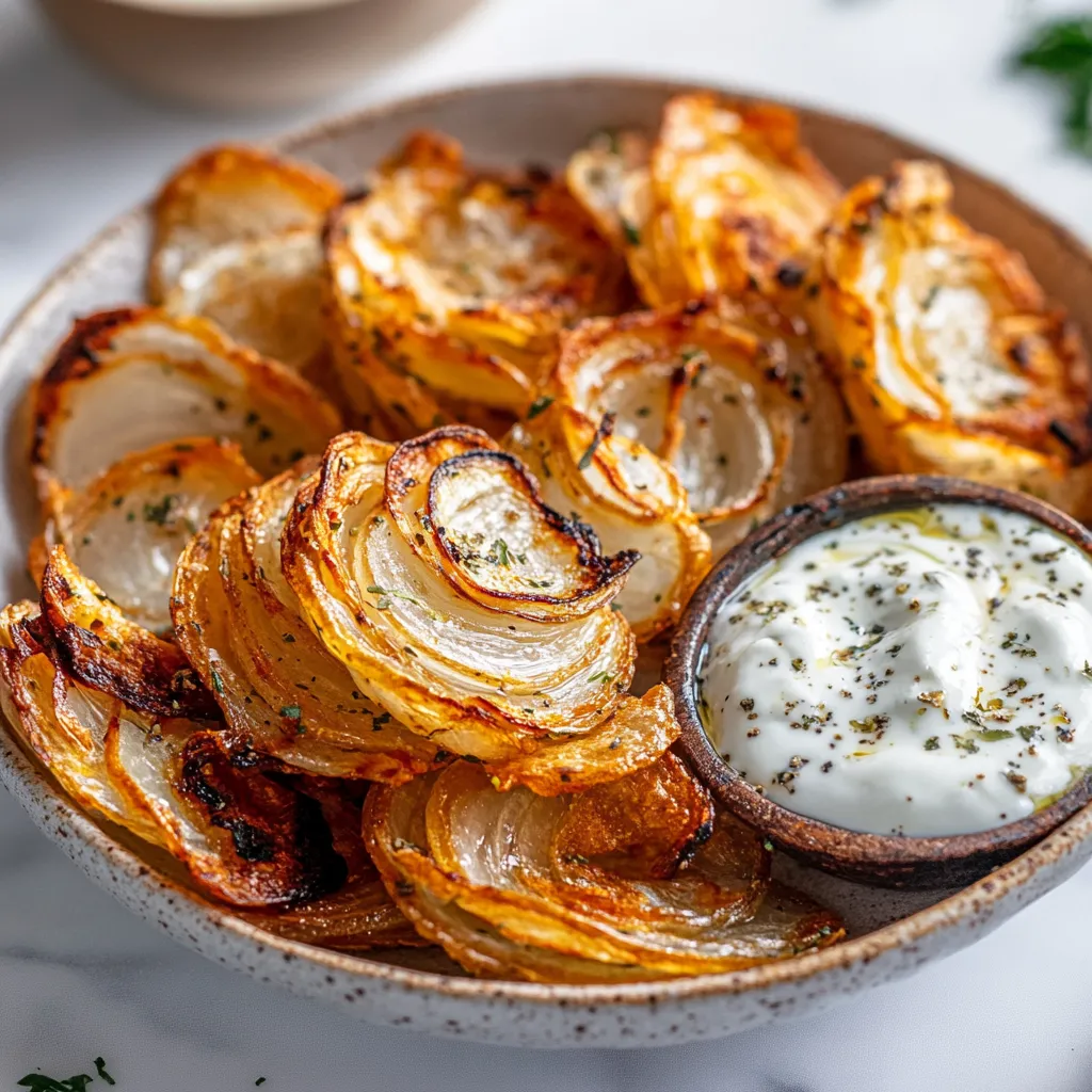A bowl of crispy onion crisps and a side of dip.