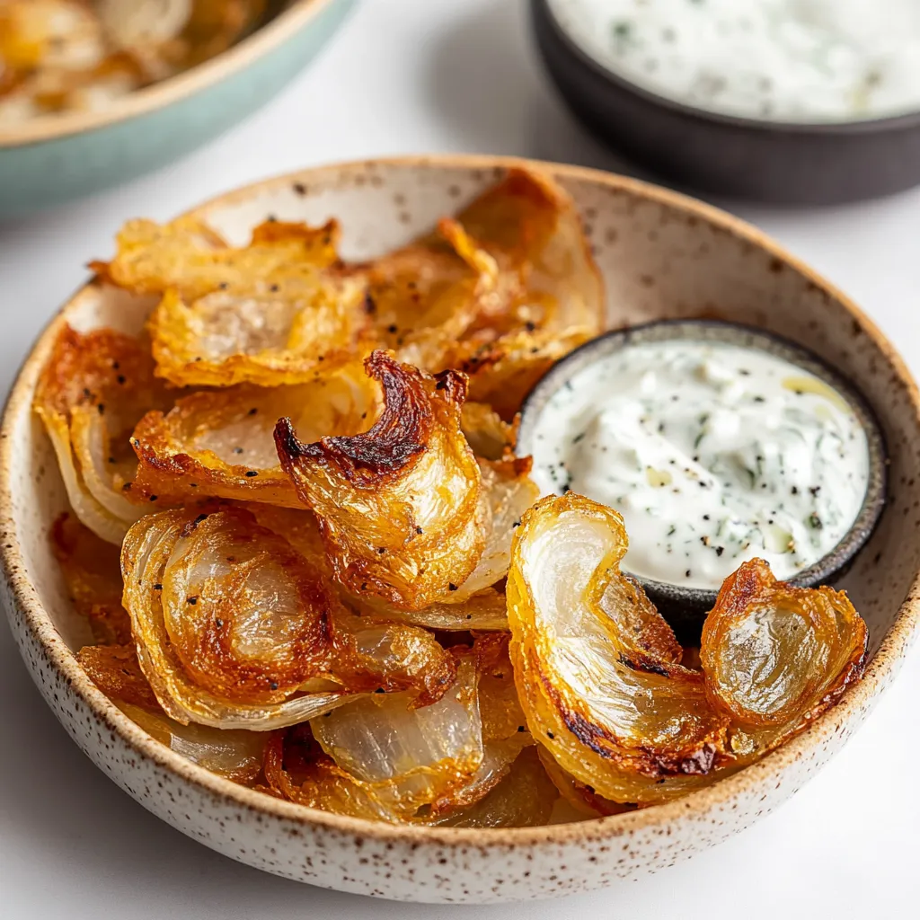 A bowl of fried onions with a side of dip.