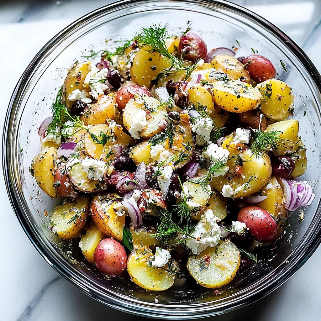 A bowl of potatoes with crumbled feta on top.