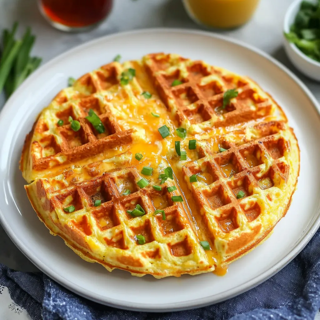 Golden waffle with cheese and green onions.