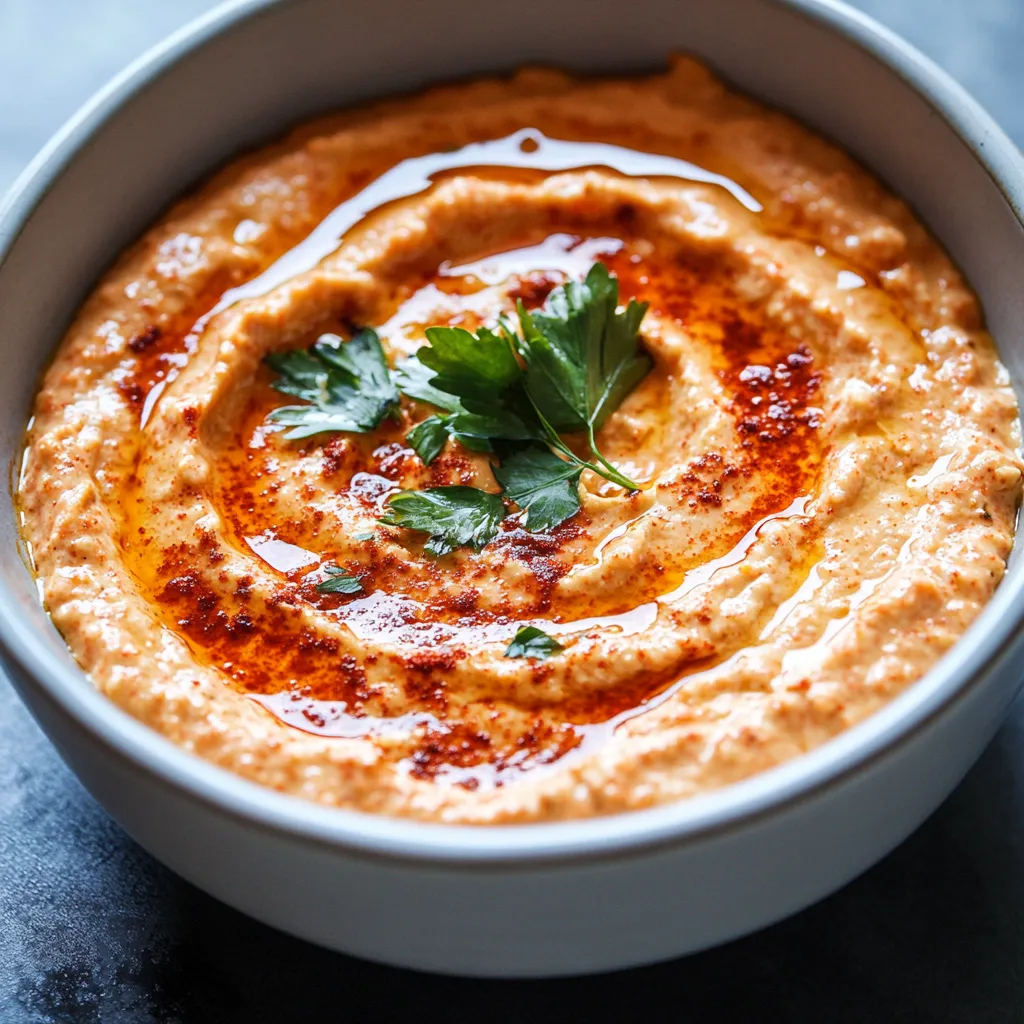 A bright red dip with green herbs on top.