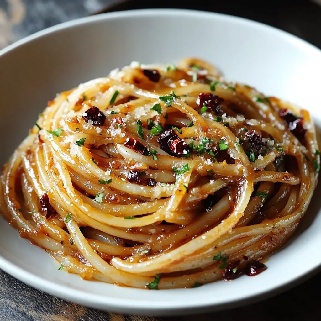 A bowl of pasta with red peppers and herbs.