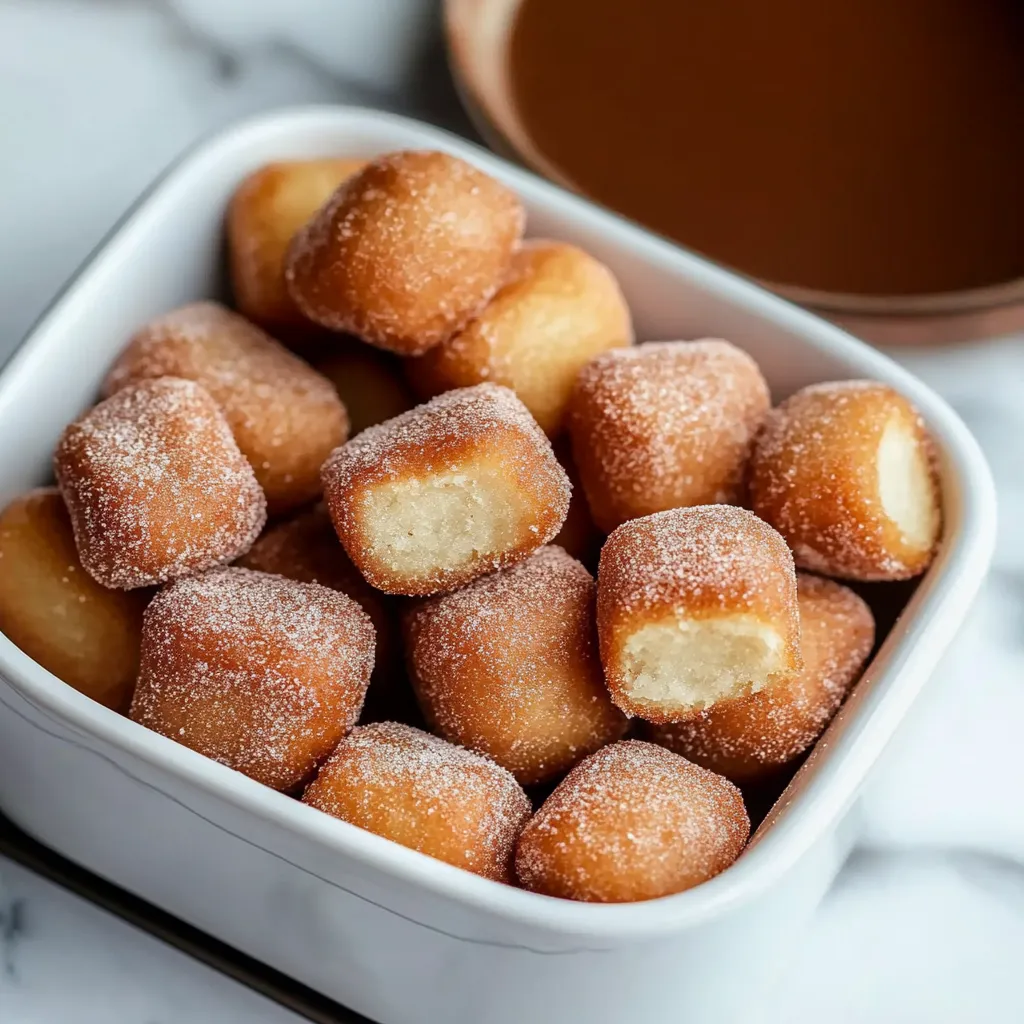 A bowl of sugar coated doughnuts.