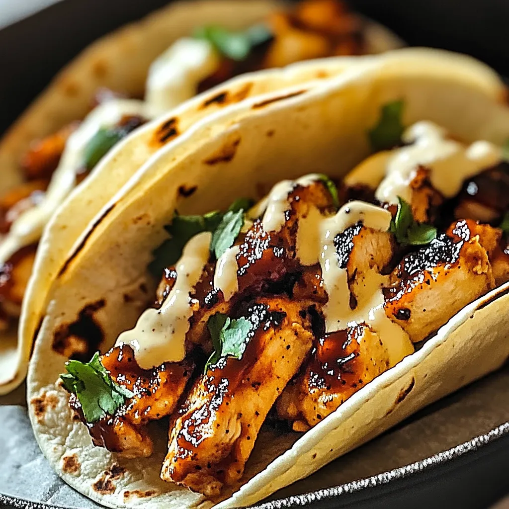 Tacos stuffed with seasoned chicken and fresh toppings on a plate.