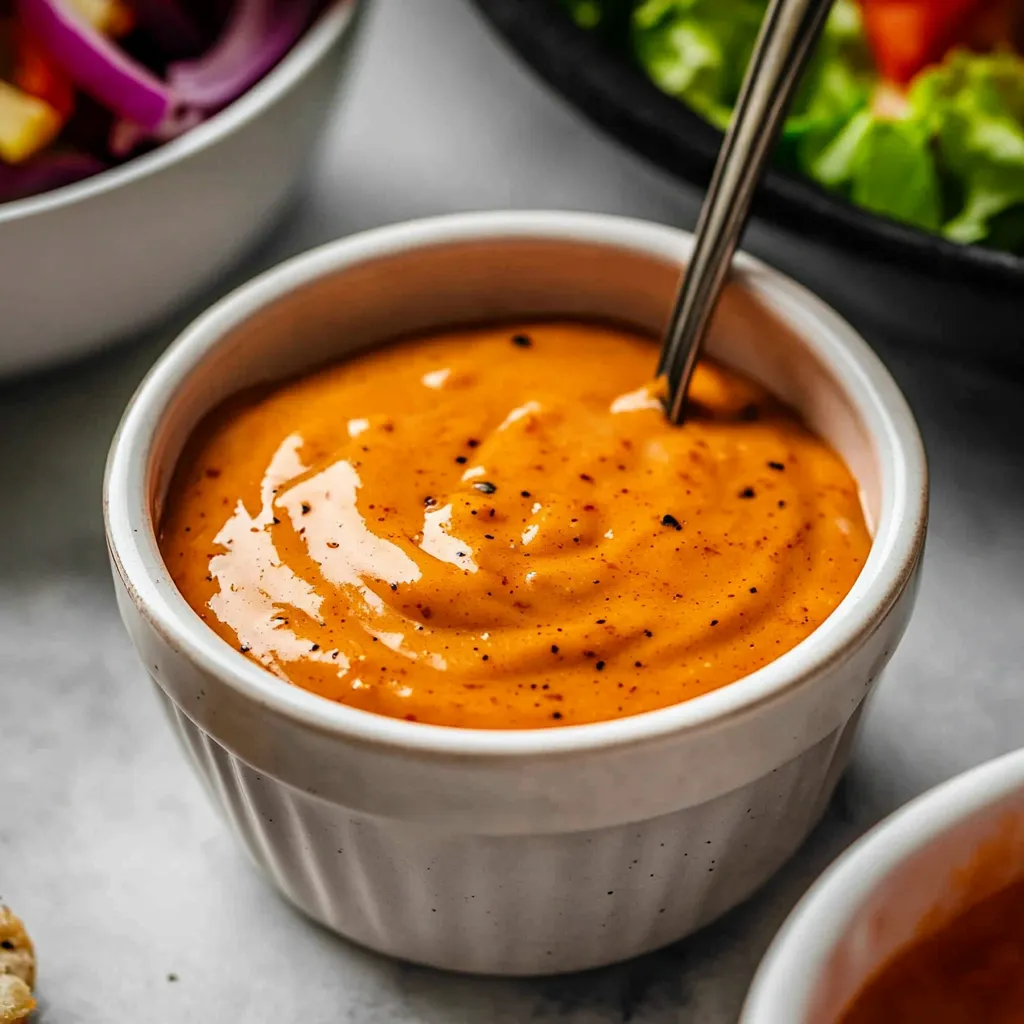A bowl of red sauce with a spoon in it.