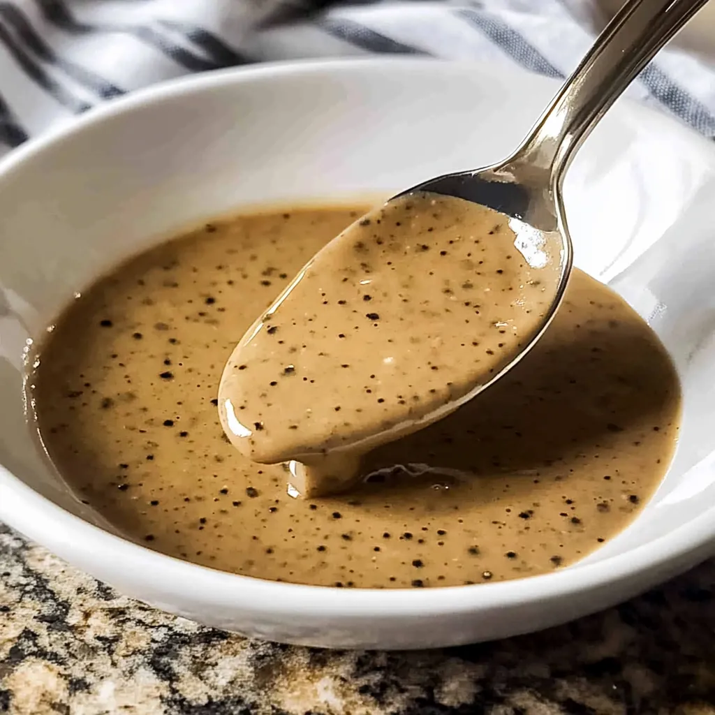 A spoon dipped in creamy sauce.