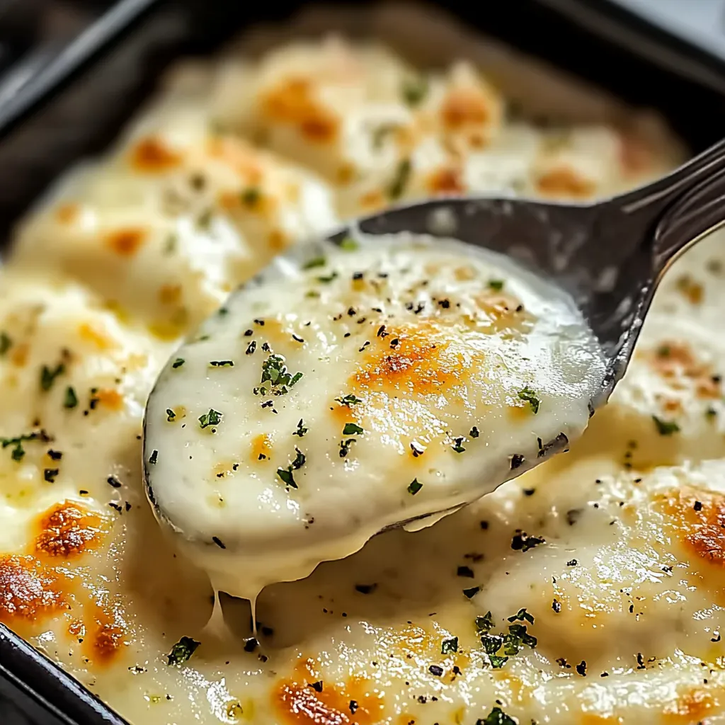 A spoon stirring rich, creamy sauce.