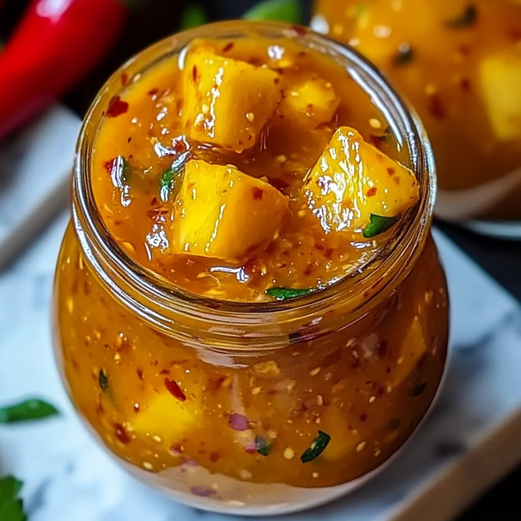 A jar of pineapple sauce with a spoon in it.