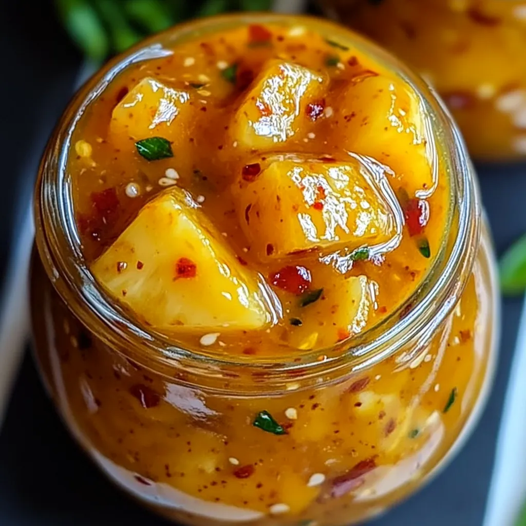 A jar of pineapple sauce with a spoon in it.