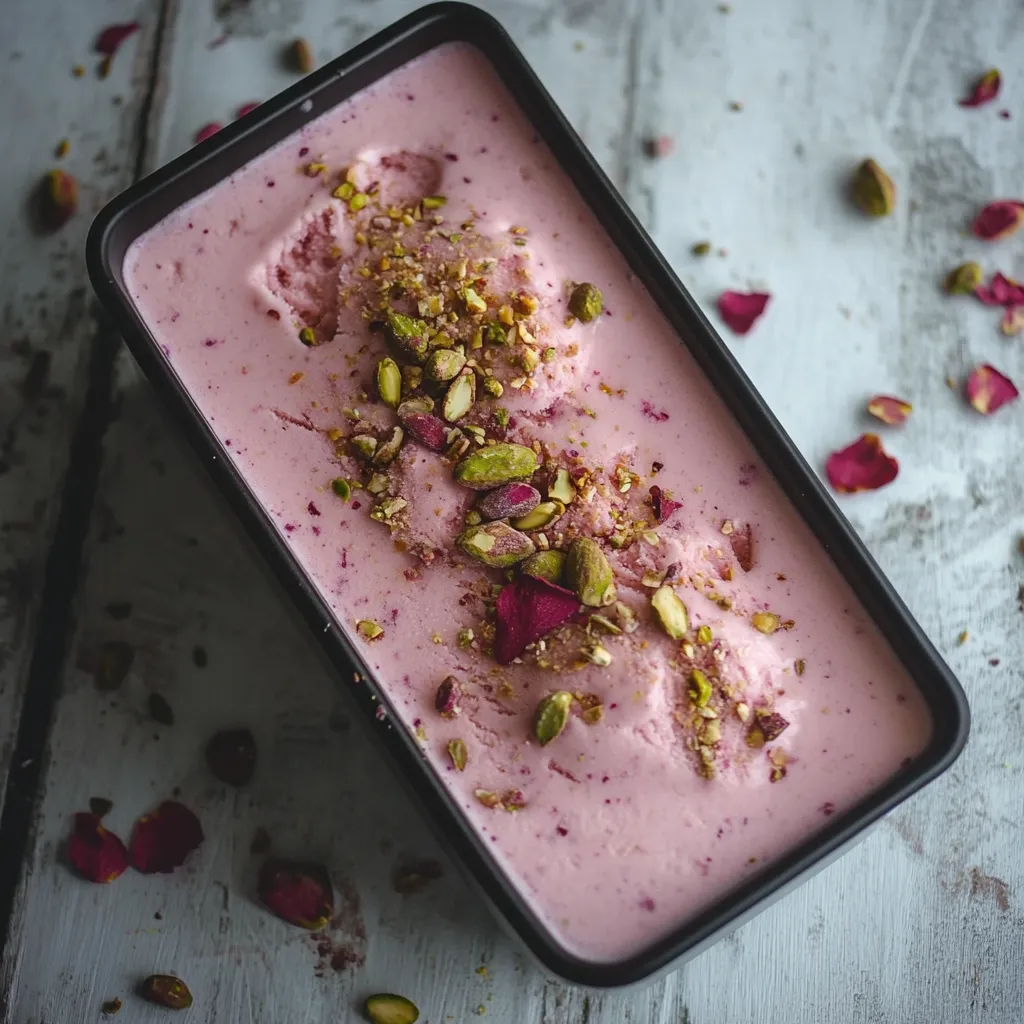 A container of pink frozen yogurt with nuts on top.