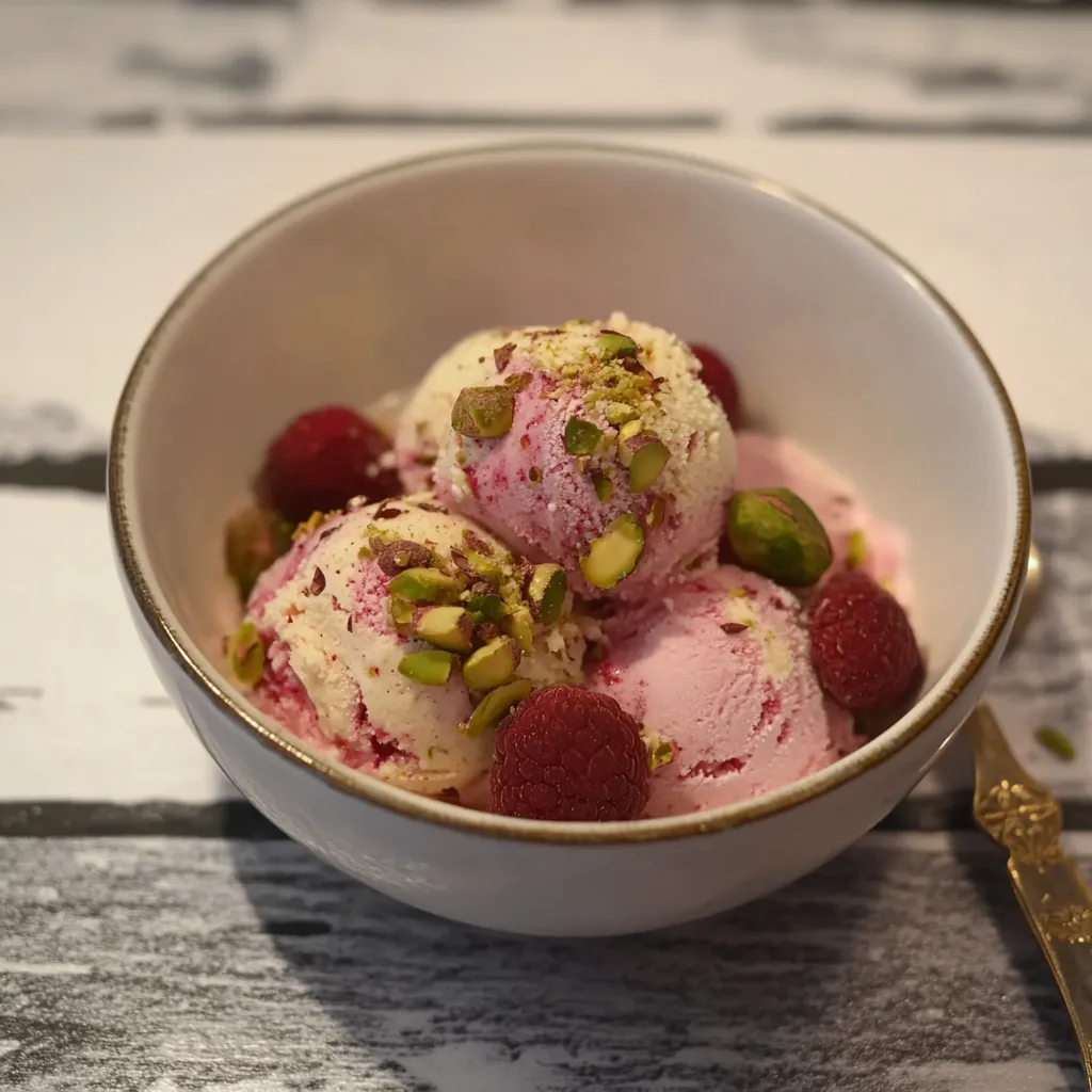 A bowl of raspberry sorbet with almonds on top.
