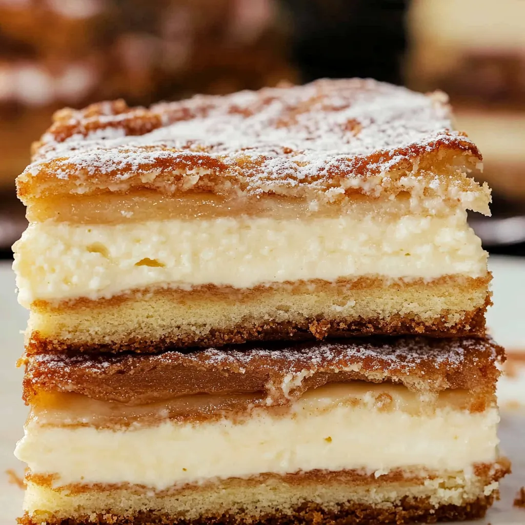 Golden sheet dessert topped with cinnamon sugar and cream filling inside.