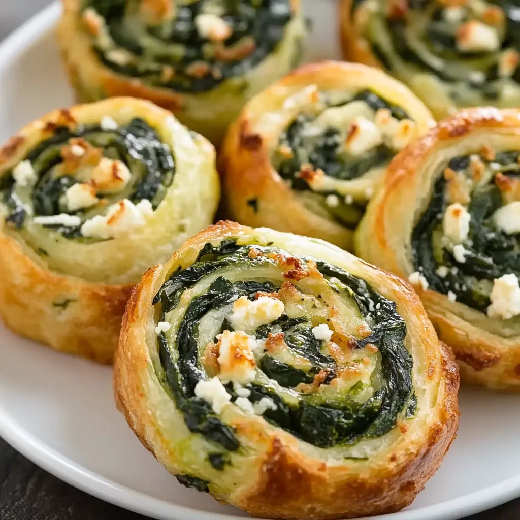 Golden pastries topped with spinach and cheese.