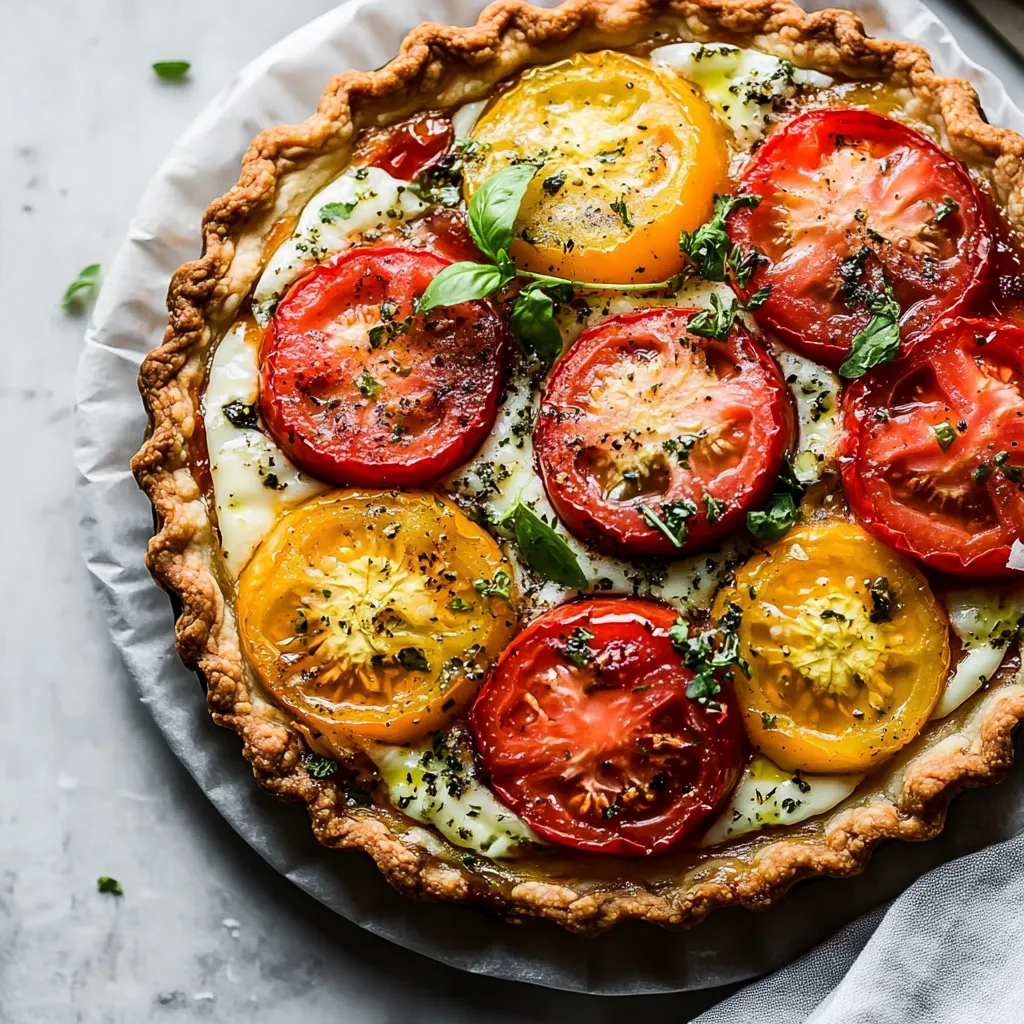 Brightly colored tart filled with tomatoes and fresh herbs.