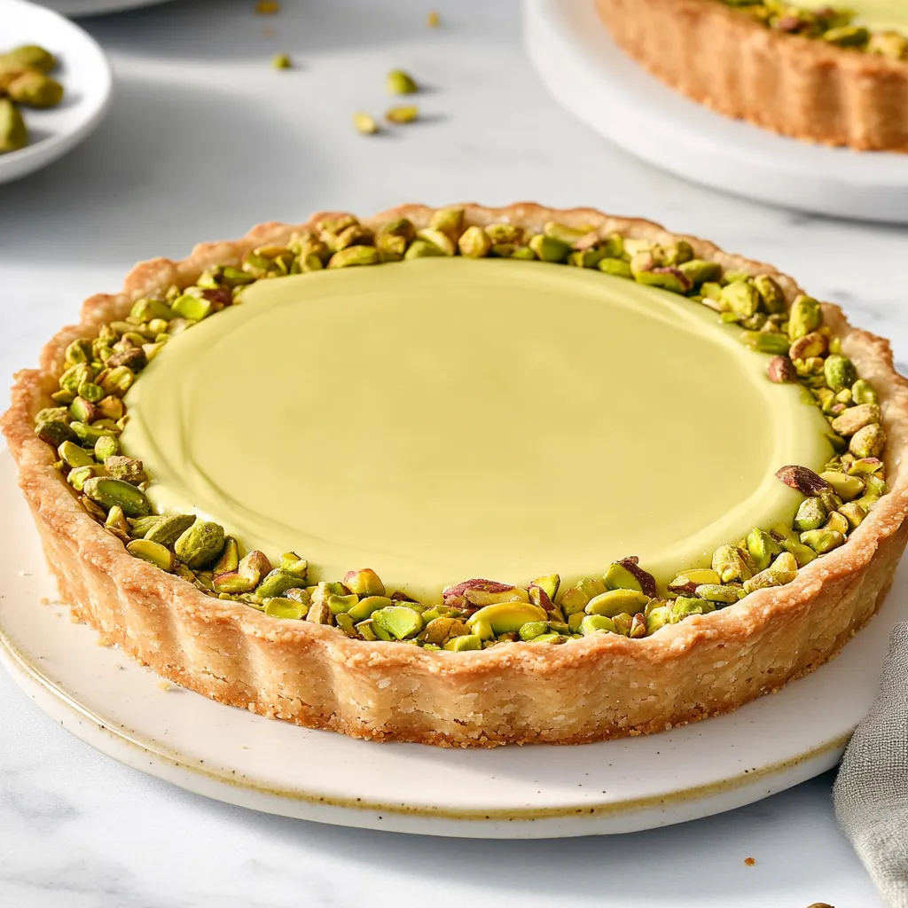 A bright pistachio-filled tart slice served.