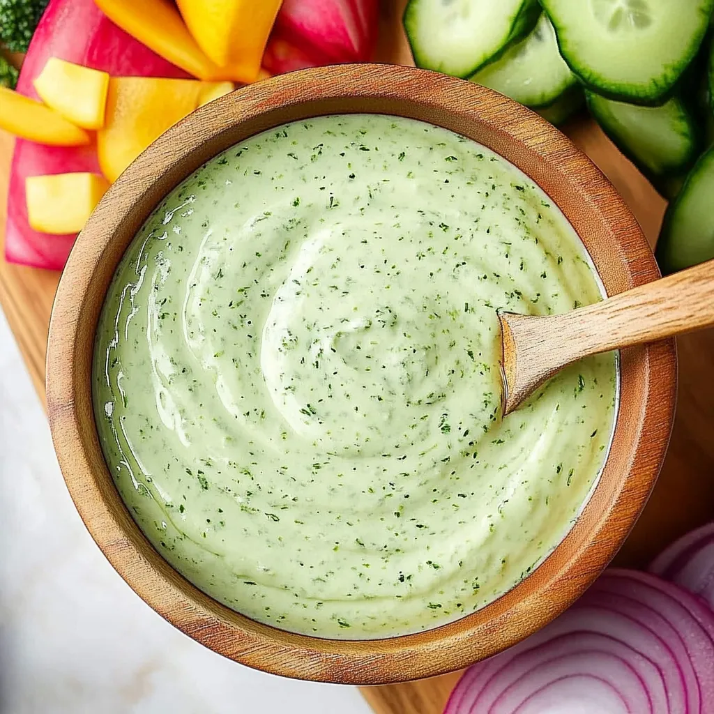 A wooden bowl filled with green herb sauce.