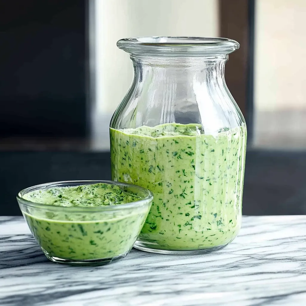 A jar of green sauce and a bowl of green sauce.