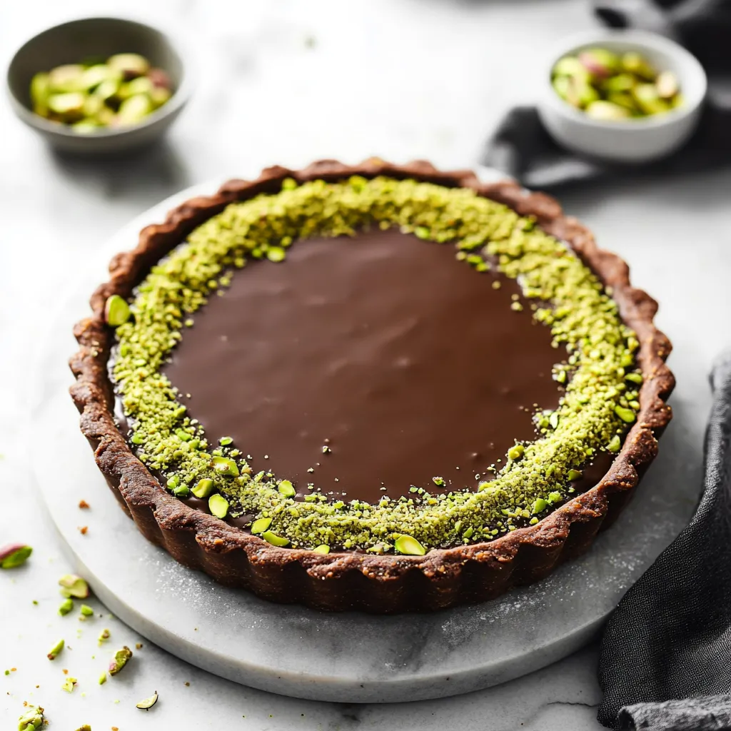A decadent tart with chocolate and green top layer.