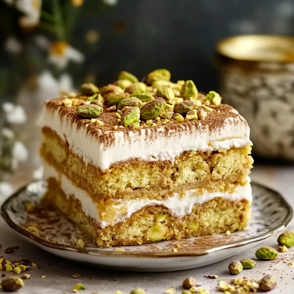 A coffee-soaked layer cake topped with pistachios.