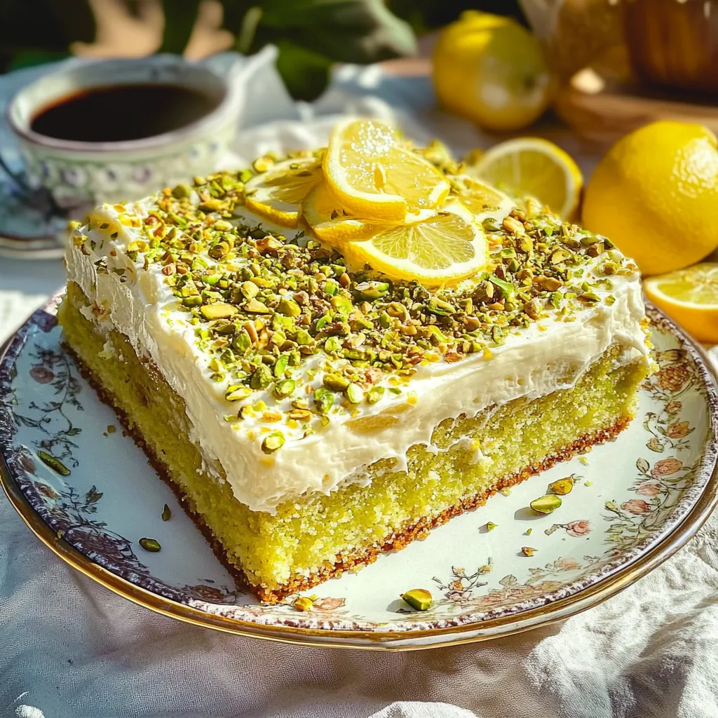 A slice of soft lemon cake topped with lemon slices.