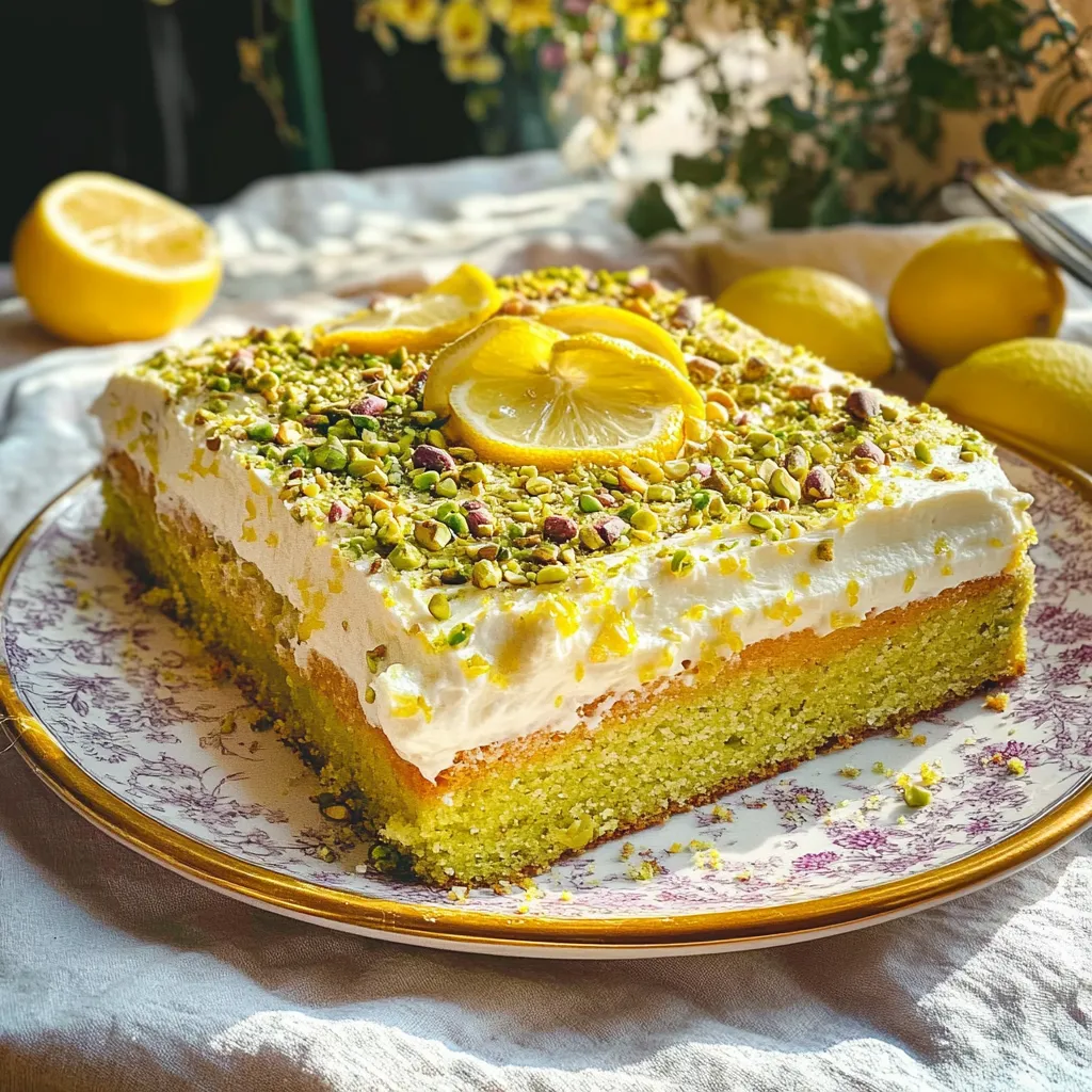 A slice of cake with lemon and almonds on top.