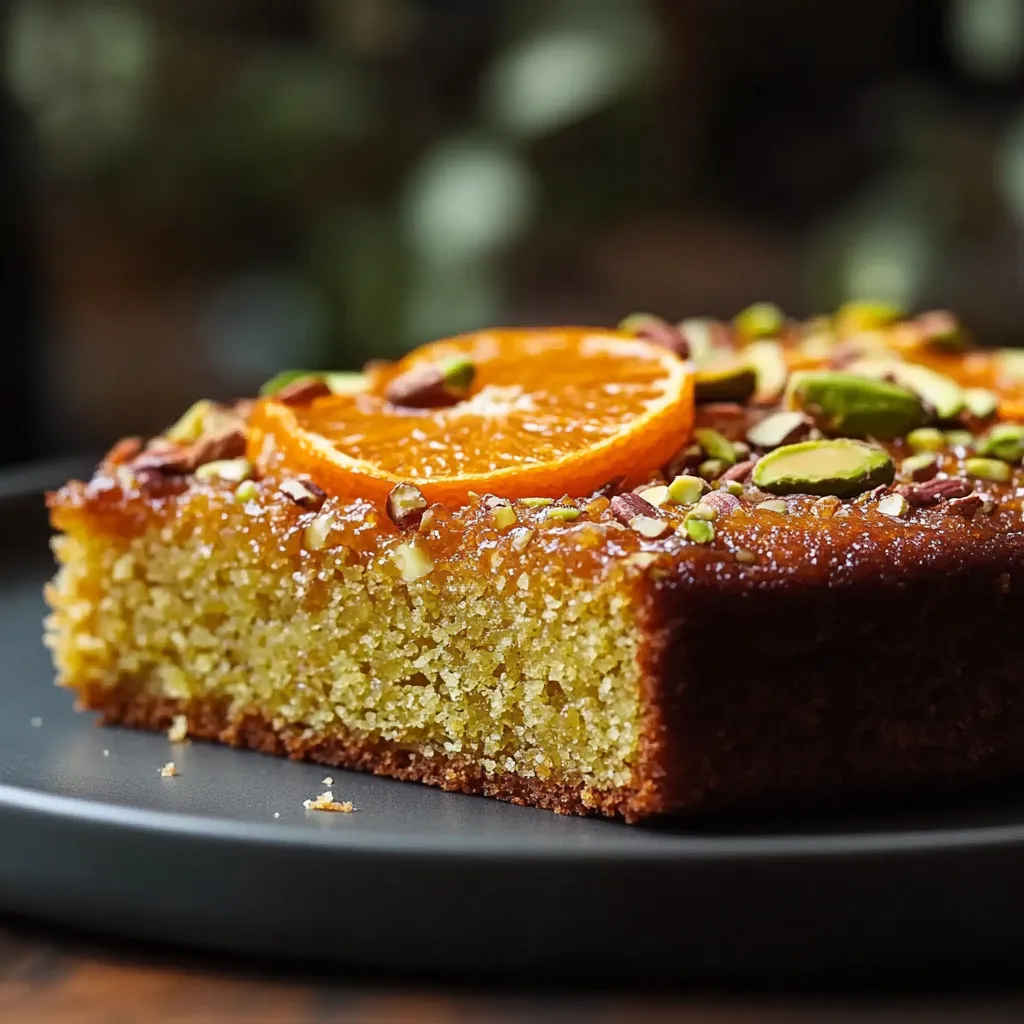 Slice of citrus cake with nuts on top.
