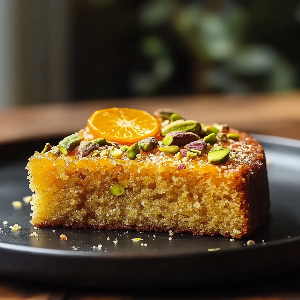 A slice of orange cake with almonds on top.