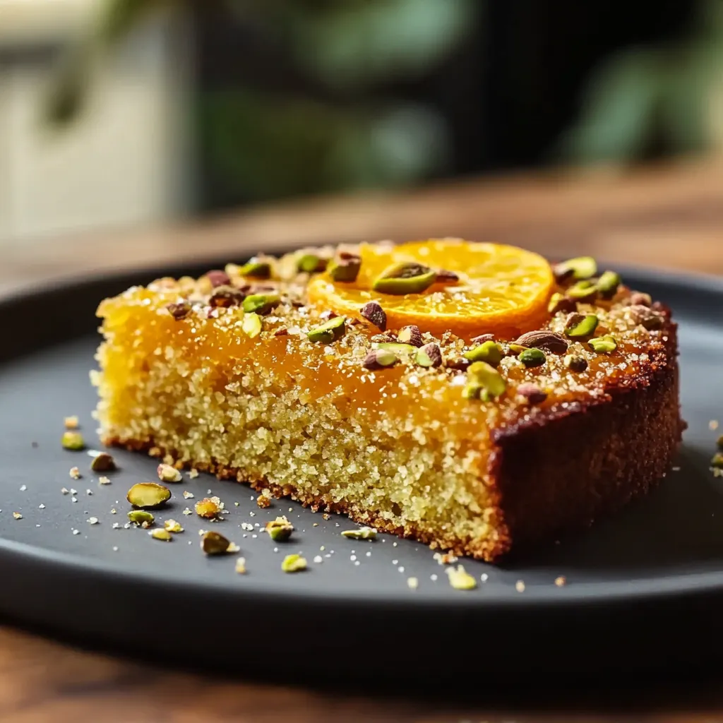 A slice of cake with orange and almonds on top.
