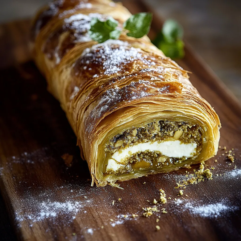 Golden baklava pastry dusted with powdered sugar.