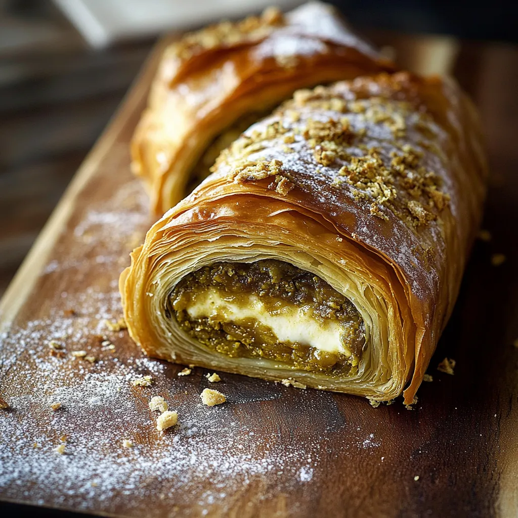 A pastry on a wooden board.