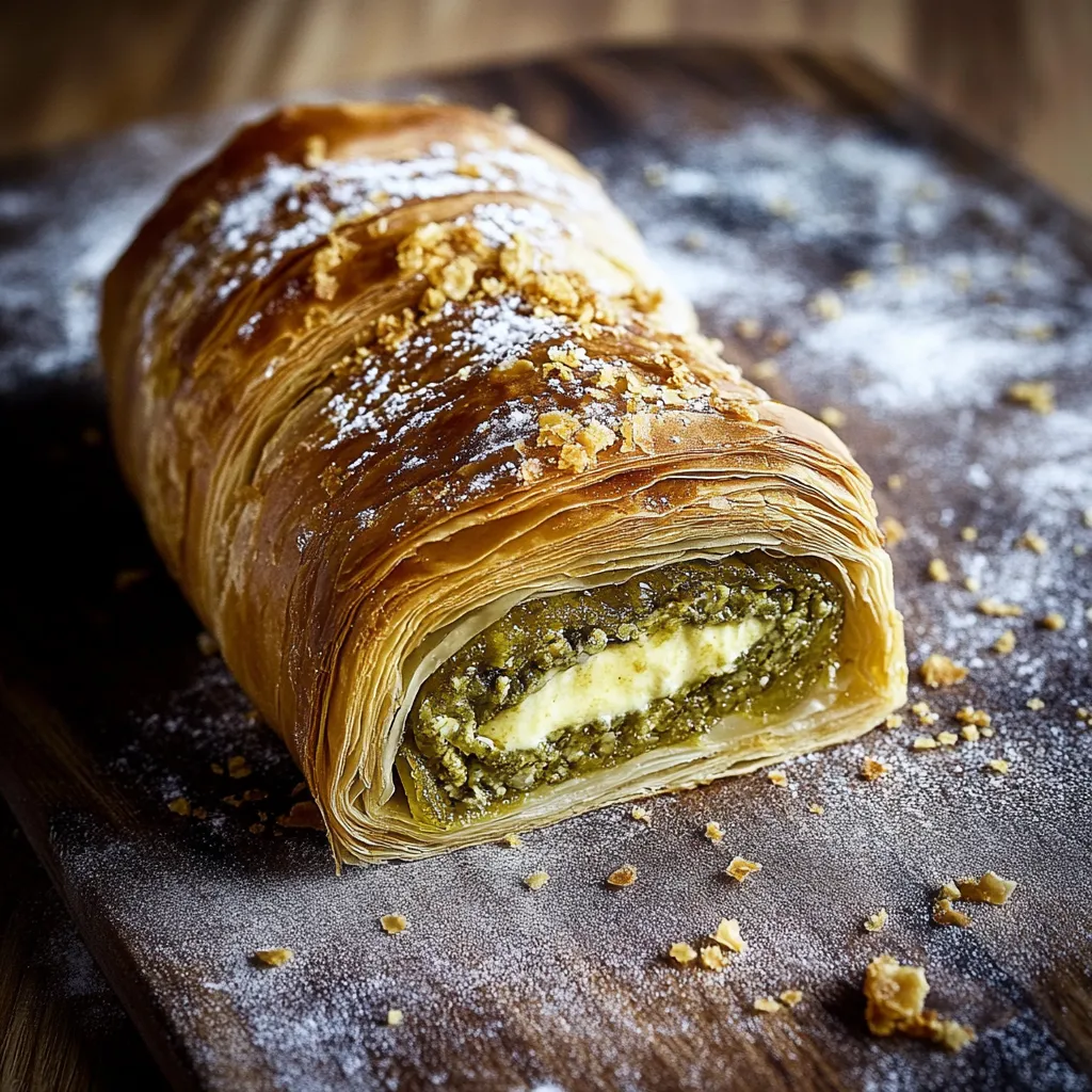 A pastry with powdered sugar on a wooden board.
